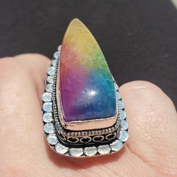 New Oversized Rainbow Solar Agate Quartz 925 Silver Statement Ring. - Picture 13 of 16